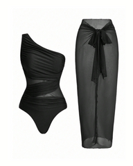 Ruched Mesh Patchwork One Piece Swimsuit with Sarong Skirt