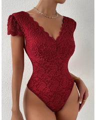 Sexy Deep V Neck Lace Short Sleeve One Piece Bodysuit