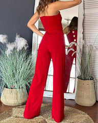 Sexy Tube Top Button-Decorated Flared Jumpsuit