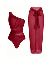 Ruched Mesh Patchwork One Piece Swimsuit with Sarong Skirt