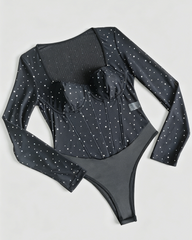 Sheer Mesh Shiny Long Sleeve Underwire Tummy Control Jumpsuit