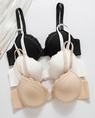 French Inspired Striped Lace Trim Push Up Underwire Bra