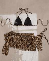 Leopard Print Tie Back Ruffle Hem Skirt Bikini 3 Piece Swimsuit Set