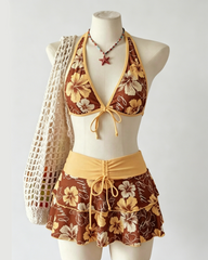 Beach Vacation Halter 3-Piece Skirted Bikini Swimsuit