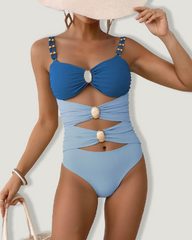 Gold Hardware Cutout Color Block Shaping One Piece Swimwear