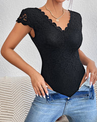 Sexy Deep V Neck Lace Short Sleeve One Piece Bodysuit