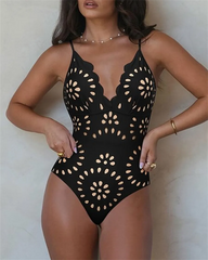 Flower Hollow One Piece Swimsuit and Skirt