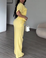 Women's 2 Piece Linen Outfits Short Sleeve Drawstring Shirts and Wide Leg Pants With Pockets