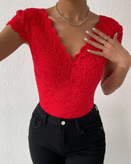 Sexy Deep V Neck Lace Short Sleeve One Piece Bodysuit