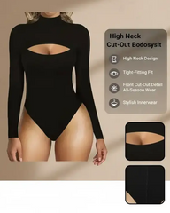 High-Neck Openwork Design Slim-Fitting Long-Sleeved Bodysuit