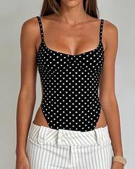 Stylish Black White Polka Dot Cutout Lace-Up Slim-Fit Bodysuit