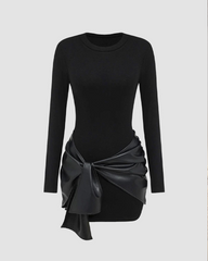Patchwork Knotted Side Ruched Long-Sleeved Mini Dress