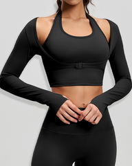 Halter Neck Long Sleeve Workout Crop Top with Built-in Sports Bra