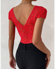 Sexy Deep V Neck Lace Short Sleeve One Piece Bodysuit