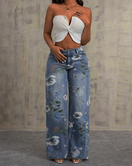High Waist Straight Leg Printed Jeans