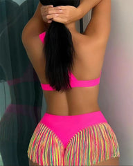 Women's Solid Color Fringe Hem Bikini