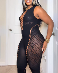 Tiger Print Cutout Bodycon High Waist Jumpsuit