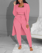 Casual Knitted Long Cardigan Vest And Pants Three Piece Set