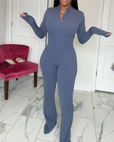Long-Sleeved Flared Athletic Zipper Jumpsuit