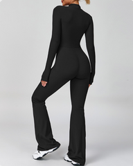 Long-Sleeved Flared Athletic Zipper Jumpsuit