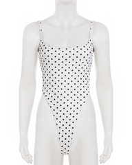 Stylish Black White Polka Dot Cutout Lace-Up Slim-Fit Bodysuit