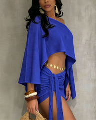 Vacation Style Asymmetrical Neck Crop Top Tight Mini Skirt Set