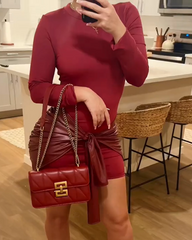 Patchwork Knotted Side Ruched Long-Sleeved Mini Dress