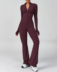Long-Sleeved Flared Athletic Zipper Jumpsuit