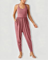 U Neck Harem Casual Jumpsuit with Side Pockets & Open Back Waist Design
