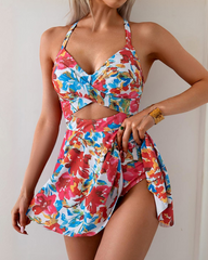 V-Neck Cutout Back Tie Tummy Control One Piece Swimsuit Dress