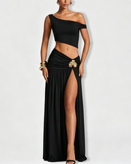One Shoulder Sleeveless Cami Top & Ruched Side Slit Bodycon Maxi Dress Set