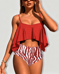 Off Shoulder Ruffle High Waist Printed Two Piece Bikini Swimsuit