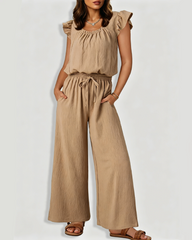Square Neck Ruffle Sleeve Drawstring Waist Jumpsuit with Pockets