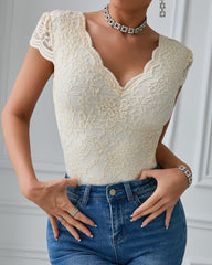 Sexy Deep V Neck Lace Short Sleeve One Piece Bodysuit