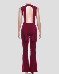 Sleeveless Deep V Cutout High Waist Slim Fit Flare Leg Jumpsuit