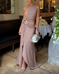 One-Shoulder Cutout Maxi Dress with Silver Ring Detail