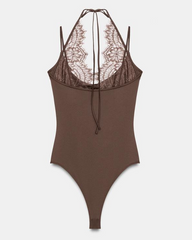 Fashionable Slim-Fit Patchwork Lace Halter Neck Bodysuit
