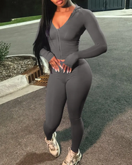 Casual Slim-Fit V-Neck Long-Sleeved Top And High-Waisted Skinny Pants Two-Piece Set