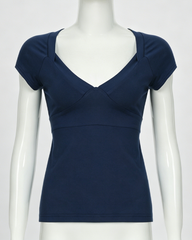 V-Neck Cross Wrap Cinched Waist Tie-Back Short Sleeve Top