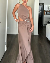 One-Shoulder Cutout Maxi Dress with Silver Ring Detail