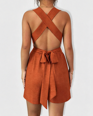Cross-Back Halter Tie Waist Linen Romper Shorts