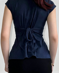 V-Neck Cross Wrap Cinched Waist Tie-Back Short Sleeve Top