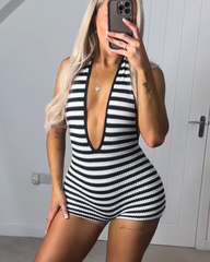 Striped Print Halter Backless Jumpsuit