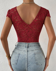 Sexy Deep V Neck Lace Short Sleeve One Piece Bodysuit