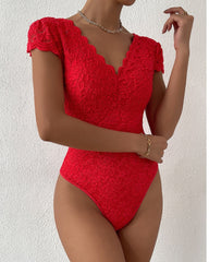 Sexy Deep V Neck Lace Short Sleeve One Piece Bodysuit
