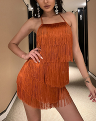 Multi-Layer Tassel Backless Cami Slip Dress