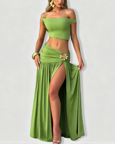 One Shoulder Sleeveless Cami Top & Ruched Side Slit Bodycon Maxi Dress Set