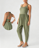 U Neck Harem Casual Jumpsuit with Side Pockets & Open Back Waist Design