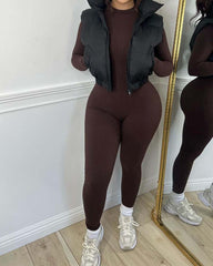 Women's Yoga Jumpsuits Ribbed Long Sleeve Crew Neck Tops Sport Jumpsuits