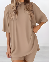 Women's Summer Casual Two-Piece Lounge Set Oversized Split Hem Shirt
